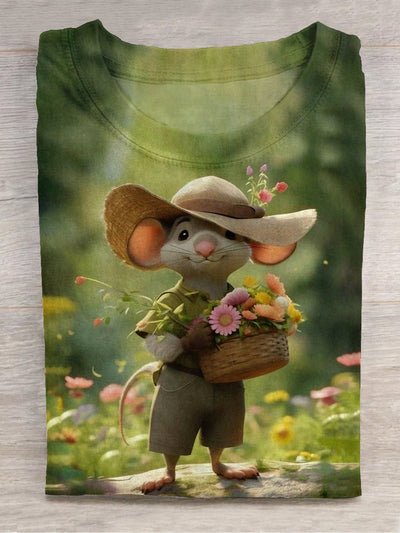 My pastoral life animal cute mouse art print crew neck T-shirt