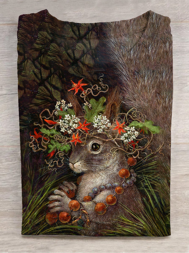 Squirrel wearing flowers on head fun artistic print crew neck t-shirt