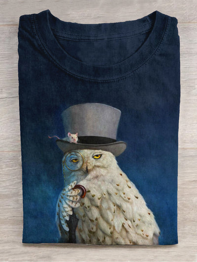 Unisex Owl and Mouse Art Print Crew Neck Short Sleeve T-Shirt