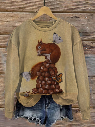Unisex Funny Squirrel Animal Illustration Printed Casual Crew Neck Sweatshirt